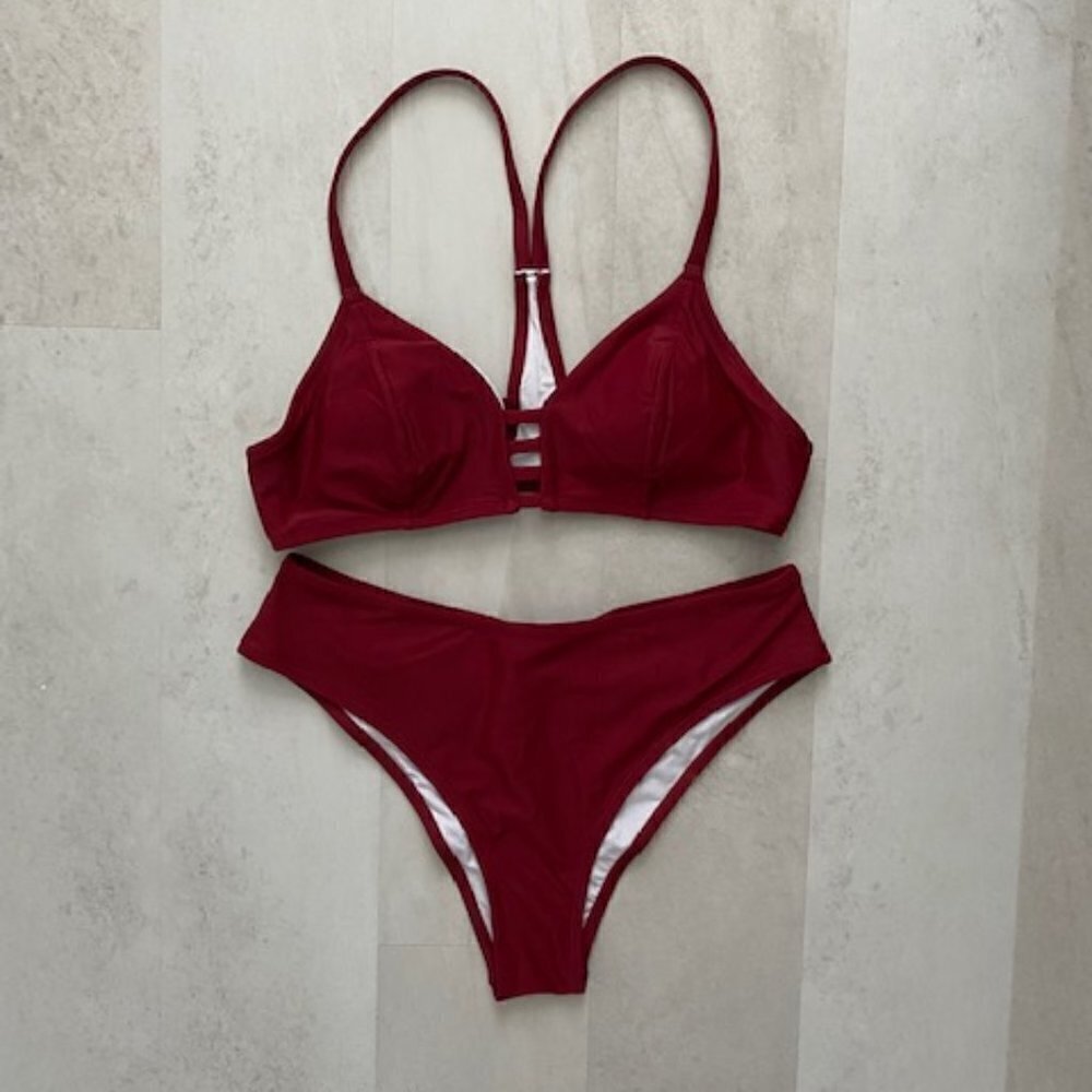 NWT CUPSHE Red Wine Strappy Cheeky 2pc Bikini Swimsuit Medium - Picture 3 of 13